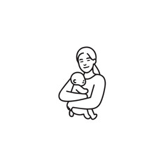 Black and white line art of a beautiful mother lovingly embracing her baby minimalist tender illustration