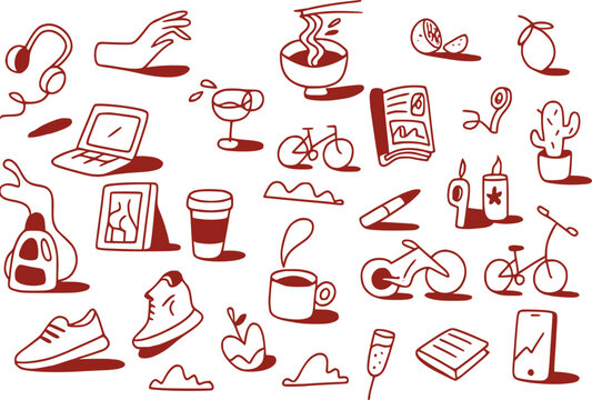 Red set of icons (coffee, bicycle, sneakers, etc.)