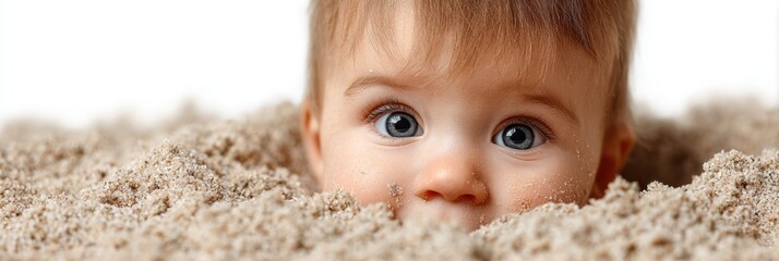 Baby joyfully playing in soft sand at the beach during sunny day, creating cute and memorable moments