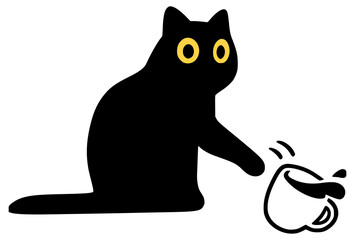 A black cat with yellow eyes paws a mug of coffee