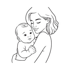 Black and white line art of a beautiful mother lovingly embracing her baby minimalist tender illustration