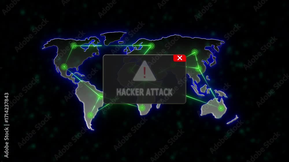 Poster hacker attack alert warning message attack on world map. radio waves network seamless loop motion ba