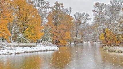 Autumn's Embrace: Snowy River Scene with Golden Foliage and Serenity.