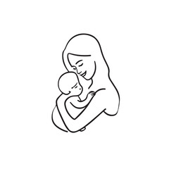 Black and white line art of a beautiful mother lovingly embracing her baby minimalist tender illustration