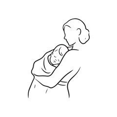 Black and white line art of a beautiful mother lovingly embracing her baby minimalist tender illustration
