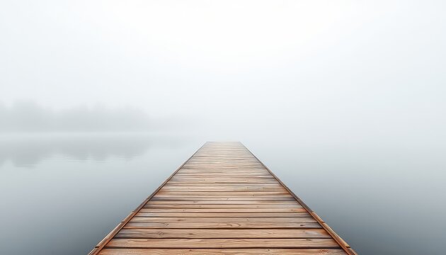 Pathway into Mystery Wooden Dock Extends Over Still Water in Foggy, Dreamlike Landscape of Serenity and Contemplation