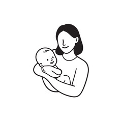 Black and white line art of a beautiful mother lovingly embracing her baby minimalist tender illustration