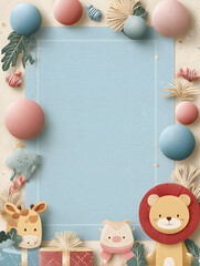 Cute pastel blue frame with lion, giraffe, balloons, and gifts, perfect for baby shower invitations, kids’ birthdays, and nursery-themed designs.
