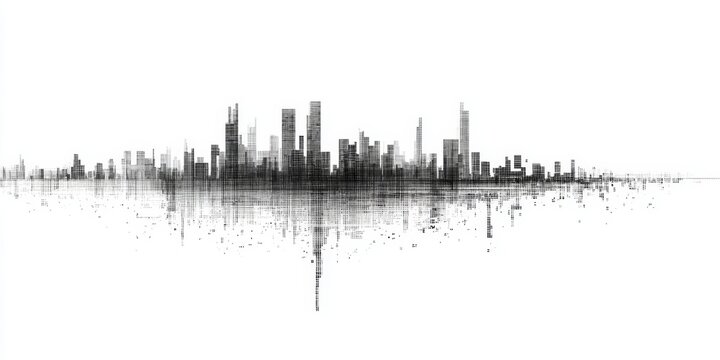 Futuristic Cityscape Illustration Featuring Glitch Effect, Monochrome Patterns, and Urban Landscape - Powered by Adobe