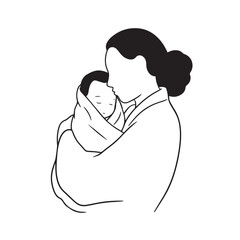 Black and white line art of a beautiful mother lovingly embracing her baby minimalist tender illustration