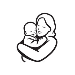 Black and white line art of a beautiful mother lovingly embracing her baby minimalist tender illustration