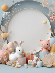 Cute pastel 3D illustration with bunny, pig, gifts, eggs, and flowers around a circular frame, perfect for Easter, baby showers, and kids’ party invitations.
