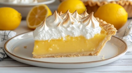 Delicious Slice of Lemon Meringue Pie with Golden Crust and Fluffy Meringue Topping Presentation.