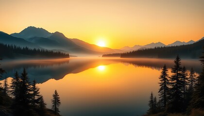 Naklejka premium Tranquil waters reflect the warm, golden hues of dawn as fog gently drifts across a serene mountain landscape