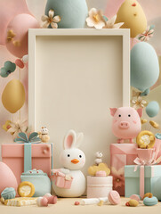 Cute pastel 3D frame with bunny, pig, balloons, gifts, and sweets, perfect for baby shower invitations, kids’ parties, and festive designs.
