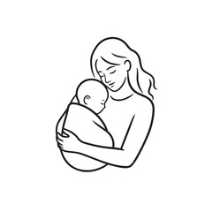 Black and white line art of a beautiful mother lovingly embracing her baby minimalist tender illustration