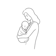 Black and white line art of a beautiful mother lovingly embracing her baby minimalist tender illustration