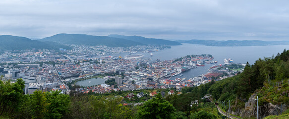 Large aerial view of Bergen from the park's viewpoint. Norway