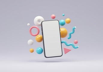 Smartphone Mockup Surrounded by Colorful 3D Shapes Ideal for App and Website Design Showcases Product Promotion and UI Presentation