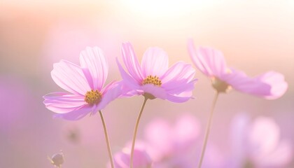 Delicate pink cosmos flowers in soft light