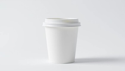 A pristine white paper cup with a snug-fitting lid sits isolated on a plain background,  isolated,  white cup
