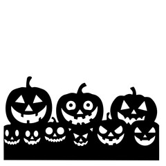Silhouette of multiple halloween jack o lanterns with carved faces in a black and white design style