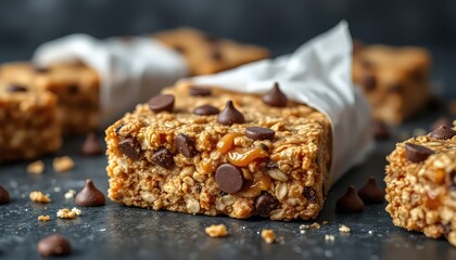 Close-up view of oat protein bars with chocolate chips and caramel drizzle on a dark surface, some wrapped in paper