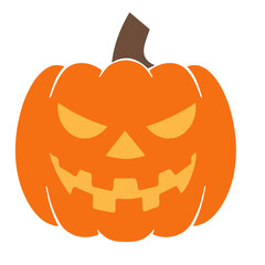 An orange jack o lantern with a brown stem and a spooky face for halloween decorations and festivities