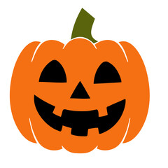 Orange halloween pumpkin with a smiling face and a green stem on a white background illustration