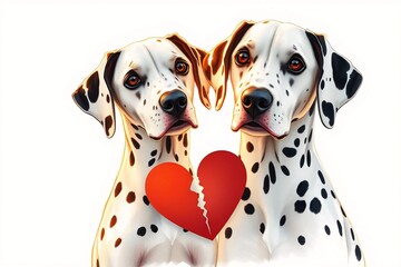 High-detail Dalmatian portrait with expressive eyes, isolated on white, featuring symbolic heart shape.
