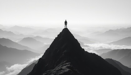 Silhouette of a person standing victoriously on a mountain peak with a misty mountain range background