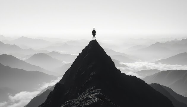 Silhouette of a person standing victoriously on a mountain peak with a misty mountain range background