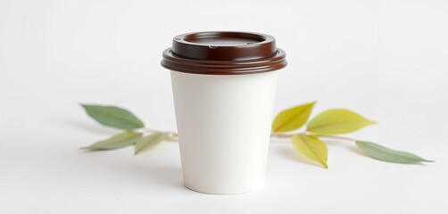 A single-use paper coffee cup with a dark brown lid, isolated on white,  close-up,  element