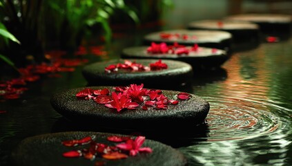 Smooth dark stones, stepping over a still water garden, adorned with red flower petals. Lush green foliage surrounds