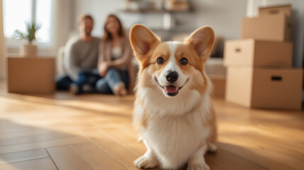 A dog standing in front of boxes in an apartment, moving to a new apartment, pet friendly