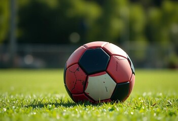 A worn soccer ball sits alone on a lush green soccer field,   round,  nature
