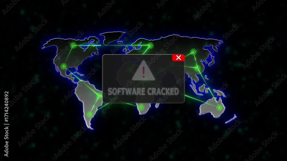 Poster software cracked alert warning message attack on world map. radio waves network seamless loop motion