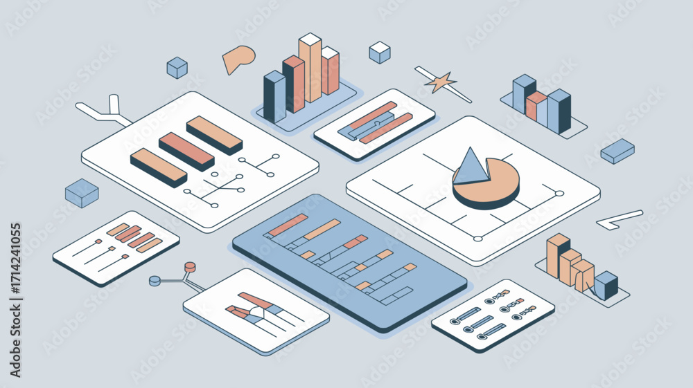 Poster Isometric infographic dashboard with multiple charts and icons – Perfect for business intelligence, technology branding, or data-driven marketing