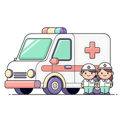 Emergency Medical Services A Cartoon Ambulance and Healthcare Professionals
