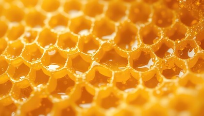 Golden honeycomb macro reveals intricate wax cells glistening with fresh sweet honey, a natural pattern of hexagonal construction