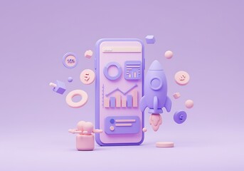 Startup App Development with Rocket Launch and Business Analytics Charts on Mobile Phone Showing Growth and Investment in Technology and Innovation