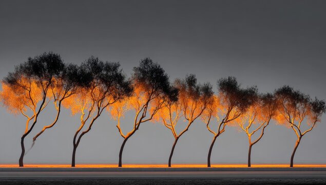 Row of trees illuminated by an orange light, silhouetted against a muted gray sky