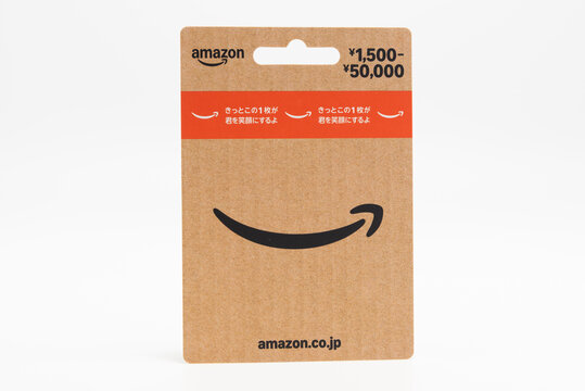 Fuji-shi, Shizuoka-ken, Japan - September 13, 2025: Prepaid card (&yen;1,500 - &yen;50,000) that can be used to purchase products on Amazon Japan. Isolated on white background