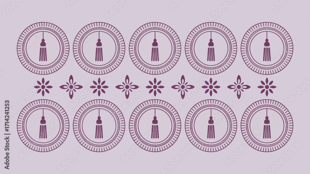 Poster a repeating pattern of circles with tassels and floral designs in a light purple color scheme design
