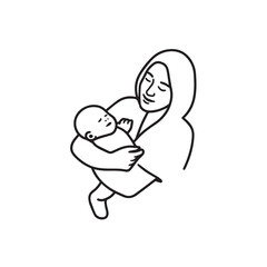 Black and white line art of a beautiful mother lovingly embracing her baby minimalist tender illustration
