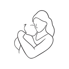 Black and white line art of a beautiful mother lovingly embracing her baby minimalist tender illustration
