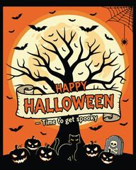 Halloween Night Illustration with Haunted House and Full Moon