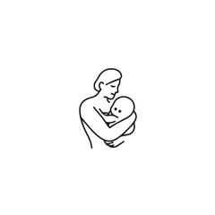 Black and white line art of a beautiful mother lovingly embracing her baby minimalist tender illustration
