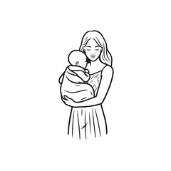 Black and white line art of a beautiful mother lovingly embracing her baby minimalist tender illustration
