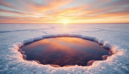 Melting Ice Reveals a Small Pool Reflecting the Stunning Golden Sky During a Wonderful Winter Sunset